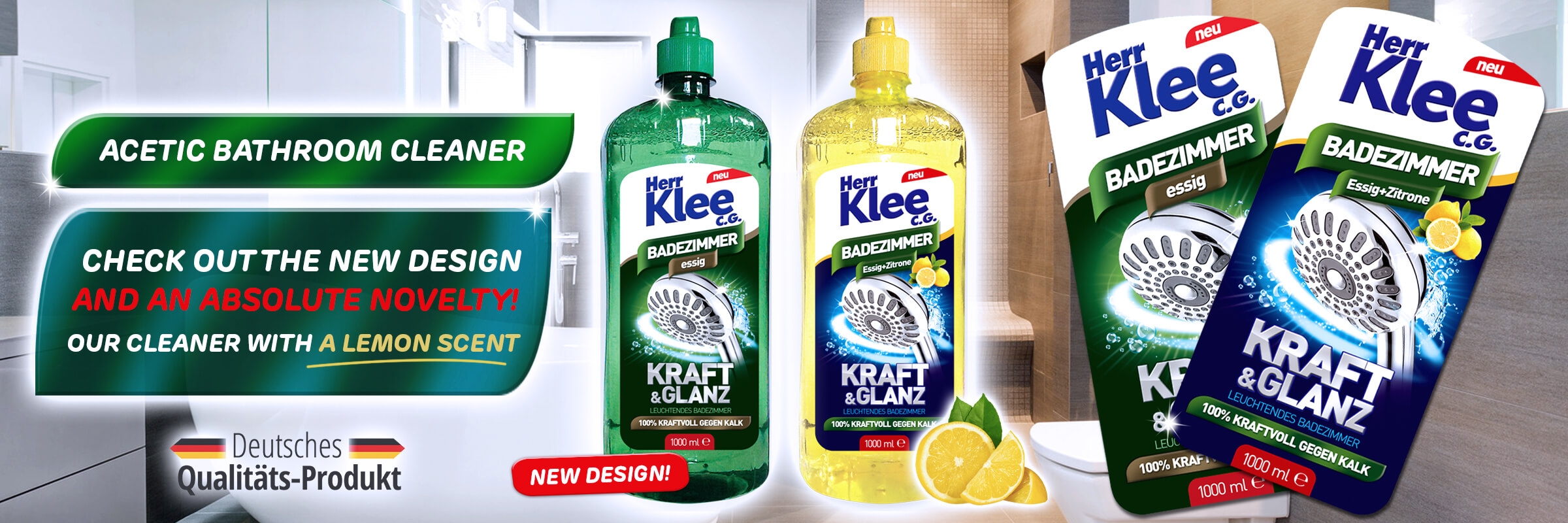 New! Herr Klee acetic liquid bathroom cleaner with a lemon scent!